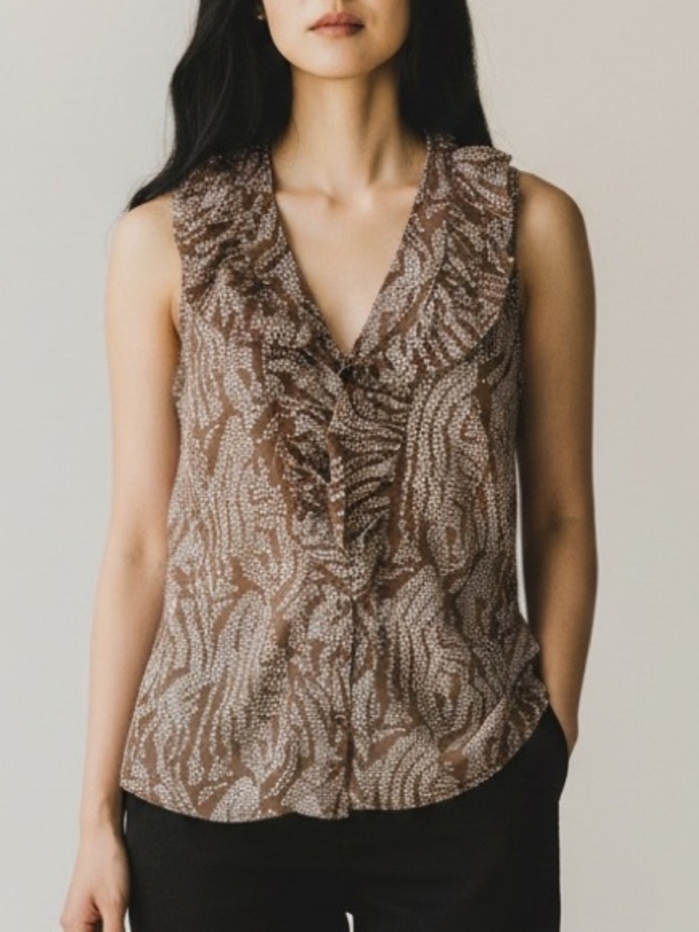 Ann Taylor Petite 00P Taupe Ruffle Old Money Button Blouse Cotton Office Top